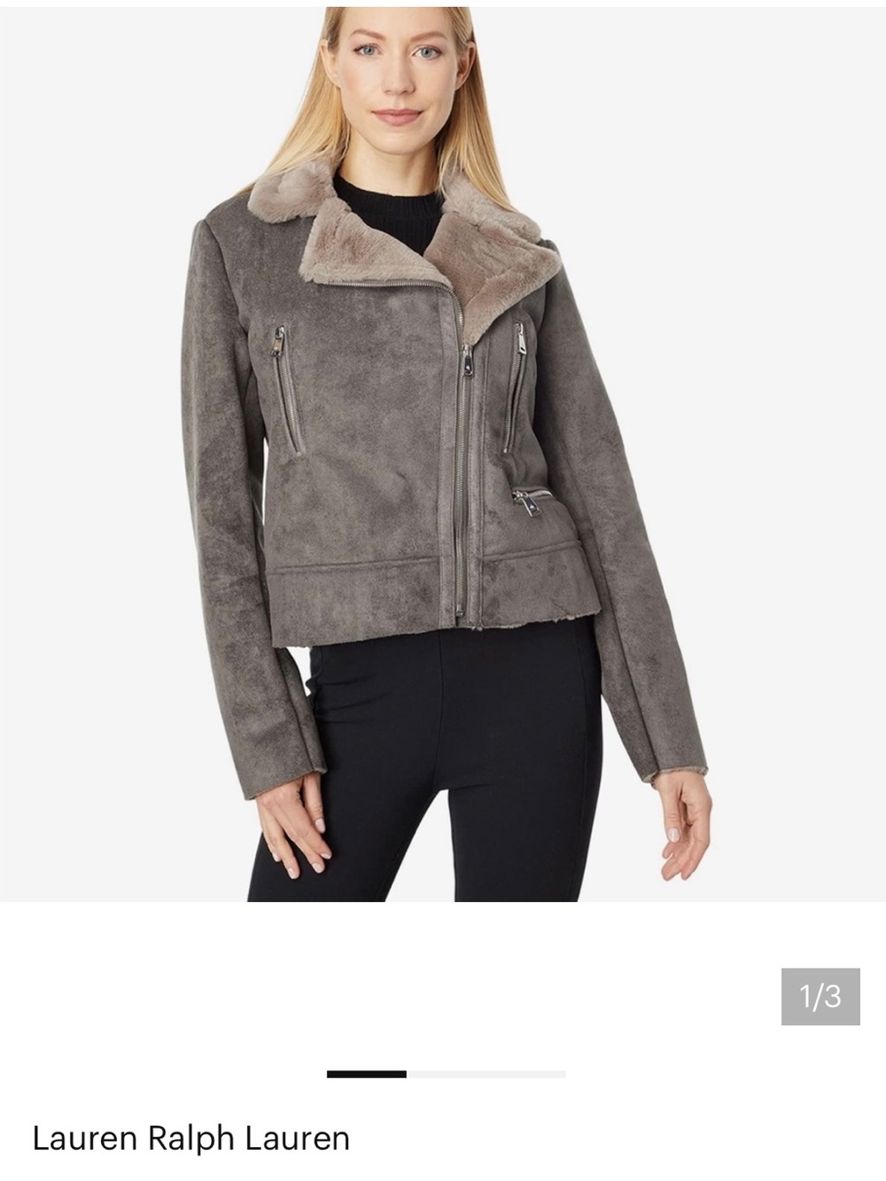 Lauren Ralph Lauren Gray Faux Suede Shearling-Trim Moto Jacket